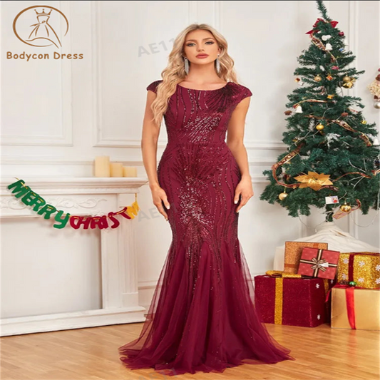 Bodycon Dress For Women Sequin Prom Dress Elegant Halter Sleeveless Red Evening Party Floor-length Dress Long Mermaid Gown
