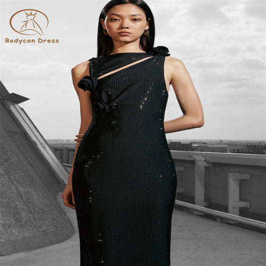 Bodycon Celebrity Party Evening Dress Women Sexy Sleeveless Beautiful Flowers Black Bandage Long Dress With Rhinestone