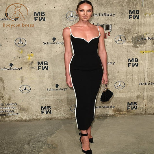 Bodycon Sexy Strap Sleeveless Layer Black Long Bandage Dress Designer Fashion Evening Party Dress Vestido