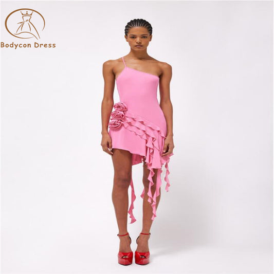 Bodycon New Sexy Pink Red One Shoulder Irregular 3D Flower Mini Dress Women Sleeveless Ruffles Tassel Dress Club Party Sundress Vestidos