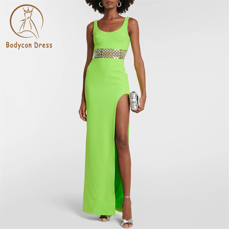 Bodycon Diamonds Patchwork Slim Strap Sleeveless Bandage Dress Women Elegant Leg Split Outfit Party Evening Dresses Wholesale