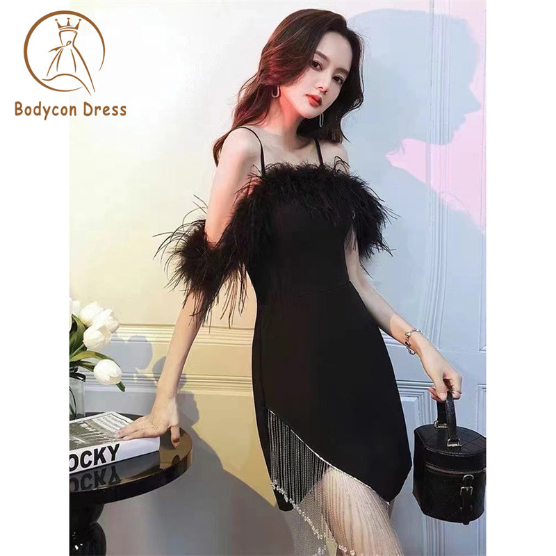 Bodycon Black Sexy Mini Bodycon Tassels Dress Women Elegant Spaghetti Strap Feathers Sleeveless Celebrity Evening Party Dress Wholesale