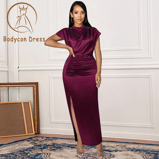 Bodycon Dress For Women Pleated Long Wine Red Elegant Slit High Collar Slim Fit Sleeveless Maxi Robes Female Shiny Gowns Party 2023 Spring