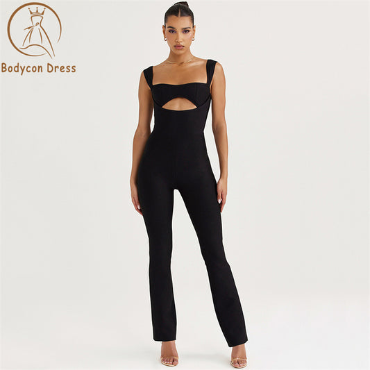 Bodycon Cut Out Bandage Jumpsuit Black Jumpsuit Evening Party Elegant Sexy Birthday Club Outfit