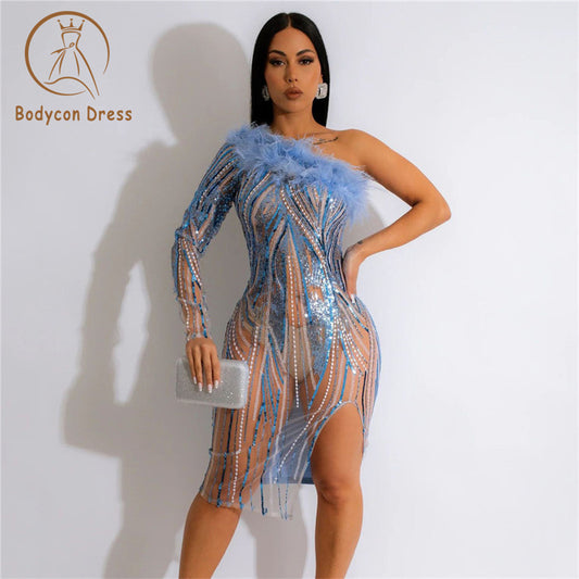 Bodycon Sexy Sequins See Through One Shoulder Long Sleeve Feathers Bandage Dress Women Elegant Evening Birthday Party Dresses