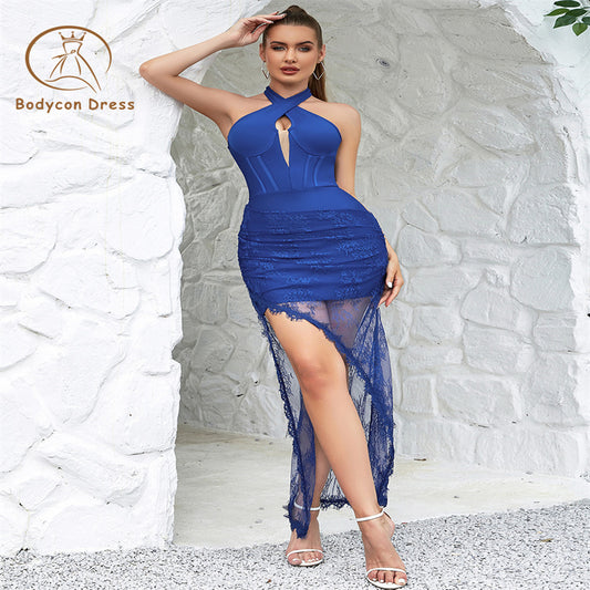 Bodycon Blue Halter Bandage Dress For Women Sexy Cut Out Backless Lace Patchwork Slim Evening Party Birthday Dresses Vestidos