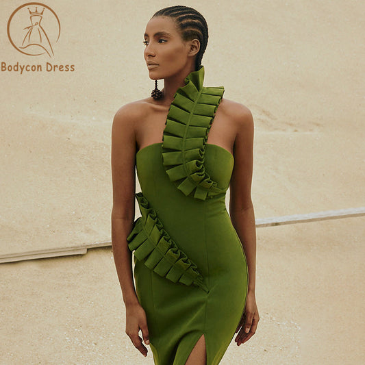 Bodycon Fashion New Women's Green Rayon Bandage Dress Sexy Strapless Ruffle Dresses Club Celebrity Party Vestidos