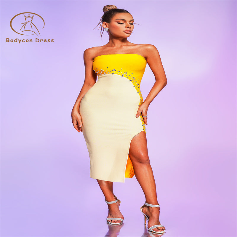 Bodycon Yellow White Patchwork Strapless Bandage Dress For Women Sexy Sleeveless Elegant Ladies Celebrity Evening Party Dresses