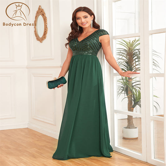 Bodycon Elegant Sequins Sleeveless Evening Dress Women V Neck Green Wedding Party Graduation Prom Chiffon Cocktail Gowns