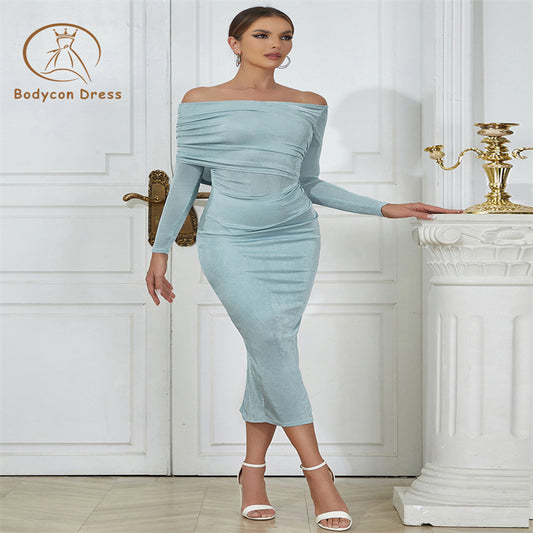 Bodycon Elegant Slim Long Sleeve O ff The Shoulder Maxi Dress For Women Sexy Celebrity Evening Party Dresses Vestidos Wholesale New