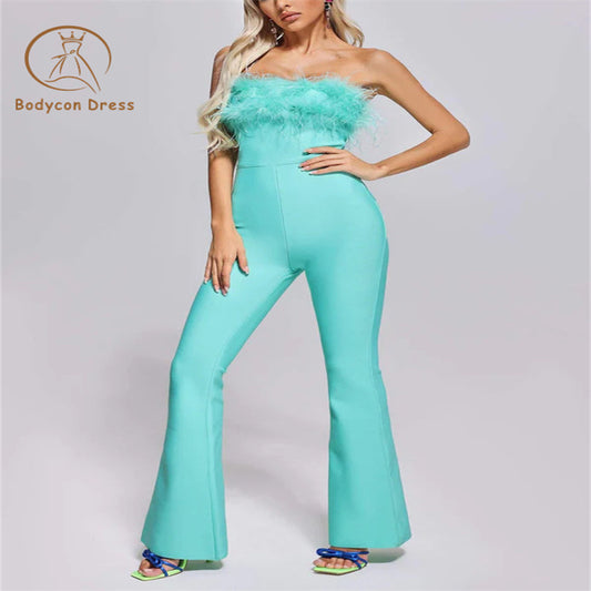 Bodycon Blue Feathers Off The Shoulder Sleeveless Slim Flare Pants Jumpsuit Elegant Evening Wedding Party Jumpsuit Free Shipping