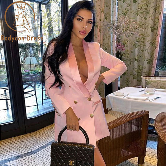 Bodycon Blazer For Women  New Pink Jacket Double Breasted Golden Button Satin Shawl Collar Women Blazer Suit High Quality