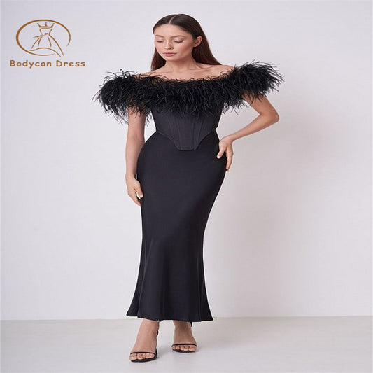 Bodycon Black Feathers Elegant Dresses For Women Slim Sleeveless Off The Shoulder Bodycon Bandage Evening Party Dresses Vestidos