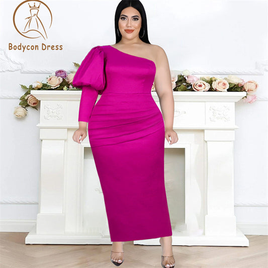 Bodycon Sexy Bare Shoulder Party Dress For Women One Sleeve Fuchsia Slim Bodycon Long Gowns Night Event African Evening Homecoming Robes