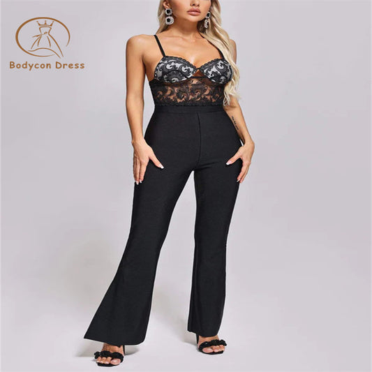 Bodycon Elegant Black Lace Patchwork Spaghetti Strap Hollow Out Bandage Bandage Jumpsuit Celebrity Club Evening Party Outfits