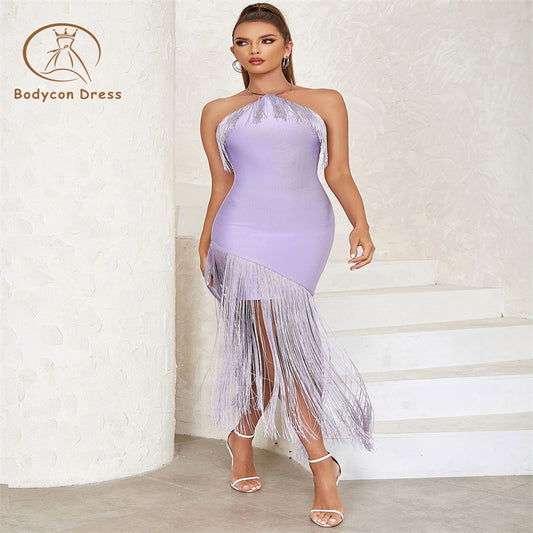 Bodycon Violet Sleeveless Halter Dress For Women Elegant Tassels Designed Evening Party Bandage Dresses Vestidos