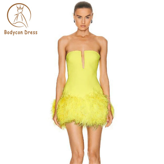 Bodycon Strapless Feather Prom Mini Dress for Women Elegant Bandage V Neck Dress Elegant Evening Party Dress Birthday Dresses