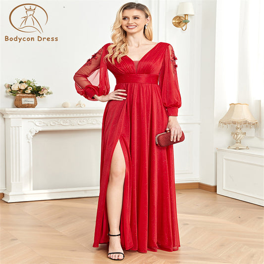 Bodycon Dress For Women Long Sleeves Sparkle Bling Bling Glitters Floor Length Split Tulle Party Evening Dress Backless Red Weedding Dress