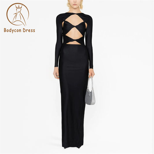 Bodycon Sexy Hollow Out Full Sleeve Slim Black Dress For Women Elegant Evening Party Split Maxi Lomg Dresses Vestidos Ladies Prom Gowns