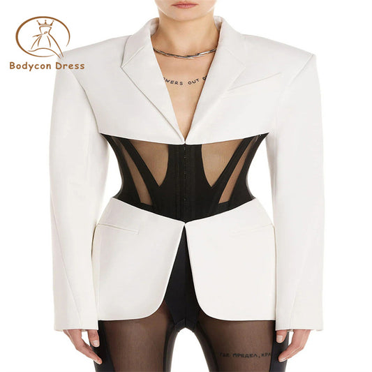 Bodycon White Sexy See Through Mesh Fish Bone Splice Slim Fit Suit Jacket For Ladies Elegant Long Sleeve V Neck Evening Party Blazers