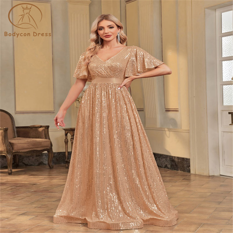 Bodycon Luxury V Neck Short Sleeves Formal Evening Dress Women Sequins Wedding Party Prom Maxi Cocktail Dresses Gown