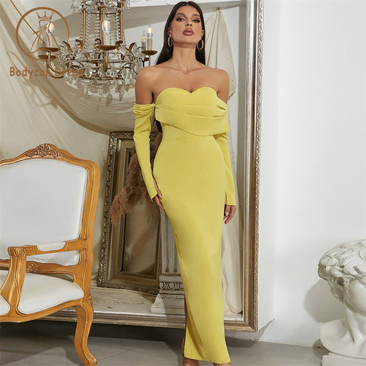 Bodycon Yellow Elegant Strapless Dress Women Sexy Off The Shoulder Full Sleeve Maxi Long Dress Ladies Celebrity Evening Party