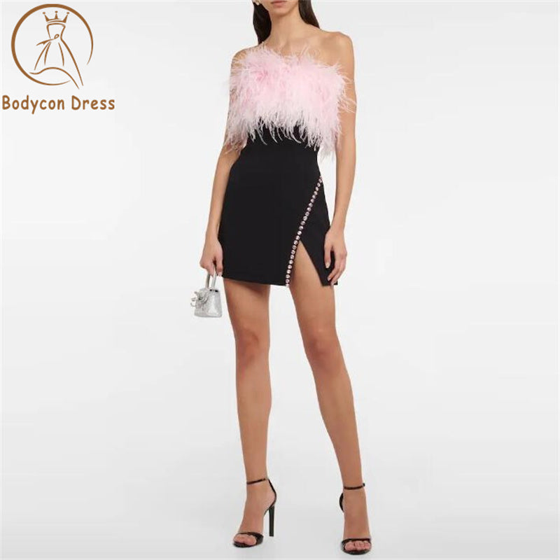 Bodycon New Sexy Strapless Backless Feather Diamond Designer Mini Dress Women's Sleeveless Tight Fashion Club Party Dresses