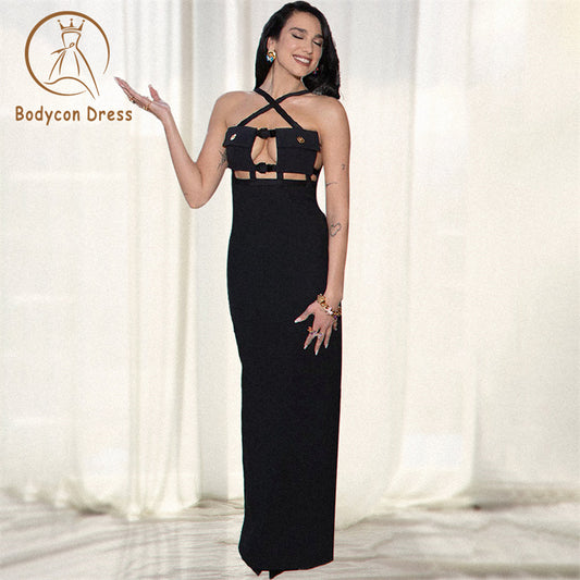 Bodycon Black Bandage Hollow Out Spaghetti Strap Dress For Women 2023 Winter Elegant Sleeveless Backless Maxi Evening PartyDress