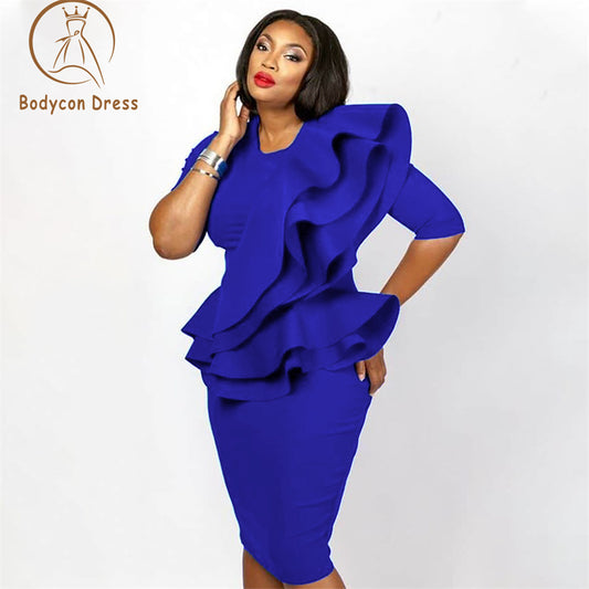 Bodycon Women Party Dress O Neck Ruffles Peplum Half Sleeves Package Hip Celebrate Occasion Birthday Date Out Stylish African New Gowns