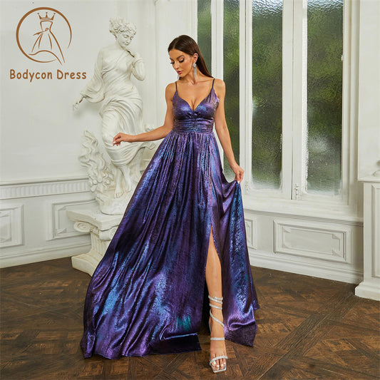 Bodycon Elegant Purple Spaghetti Strap V Neck Split Prom Dress Women Sexy Sleeveless Ladies Party Evening Long Dreses Gown