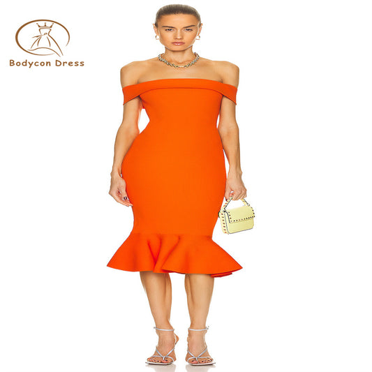 Bodycon Orange Slash Neck Strapless Bandage Sleeveless Mermaid Dress Women Elegant Celebrity Evening Party Dresses Wholesale