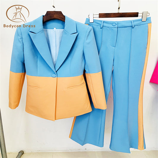 Bodycon Newest Designer Runway Suit Set Women's Single Button Color Block Blazer Flare Pants Suit