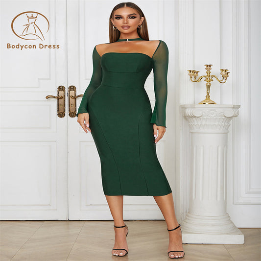Bodycon Sexy Green Lace Long Sleeve See Though Dress Women Elegant Slim Split Prom Evening Party Dresses Vestidos Ladies