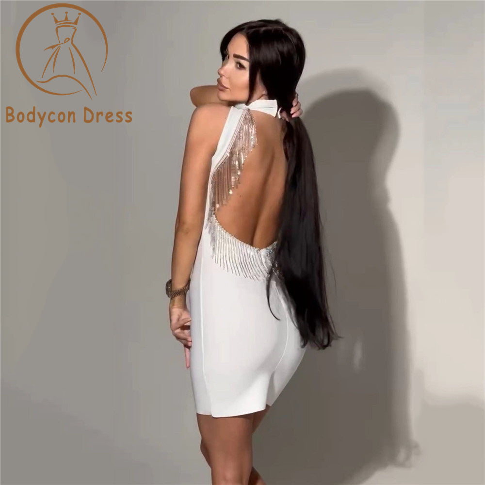 Bodycon Dress For Women Diamond Tassel Backless Design Celebrity Party Club White Sleeveless Turtleneck Sexy Mini Bandage Dress 2023