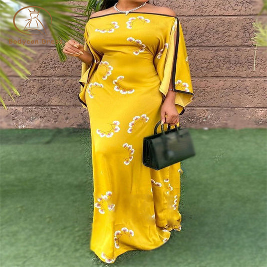 Bodycon Women Long Printed Dress Off Shoulder Slit Loose African Female Robes Party Celebrate Kaftan Event Large Size Ladies Retro Gowns