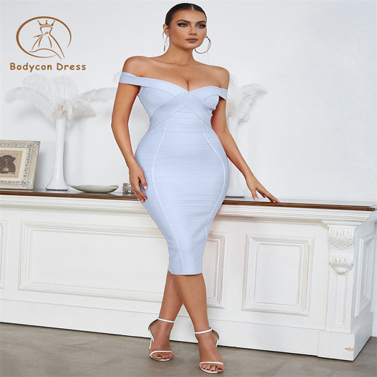 Bodycon Blue Slim Bandage Prom Dress Women Elegant Off The Shoulder V Neck Sleeveless Celebrity Evening Party Dresses Vestidos