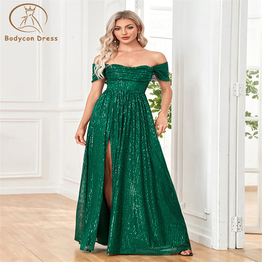 Bodycon Green Sexy Off-shoulder Sequin Dresses Elegant Evening Dress Party Maxi Gowns Slit Ladies Trailing Prom