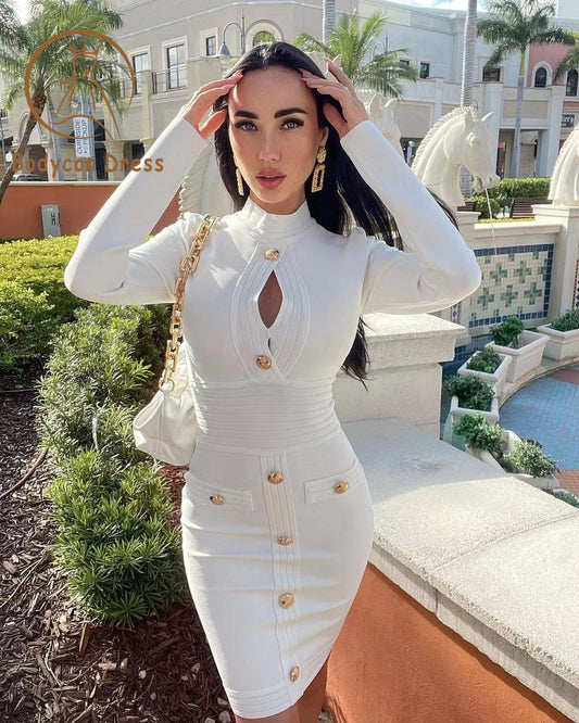 Bodycon Dress For Women Button Long Sleeve Hollow Out Bandage Dress Mini Black White  Elegant Sexy Club Evening Party Dresses