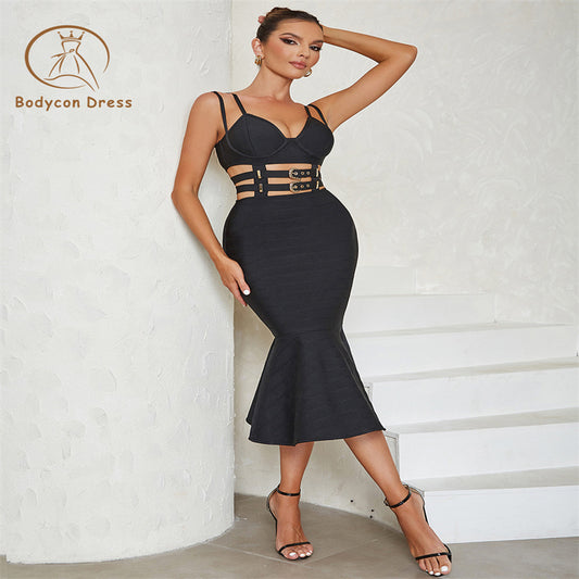 Bodycon Fashion Black Cut Out Bandage Dress For Women Sexy Bodycon Sleeveless Mermaid Patchwork Celebrity Evening Party Dresses Vestidos