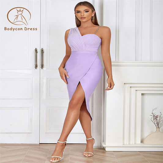 Bodycon Purple One Shoulder Spaghetti Strap Bodycon Bandage Prom Dress For Women Elegant  Sleeveless Evening Birthday Party Dresses