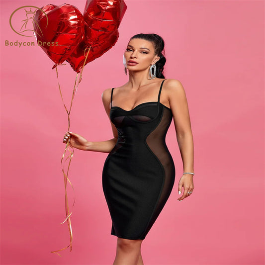 Bodycon Birthday Party Dresses For Women Sexy Sleeveless Black Mesh Patchwork Bandage Knee Length Slim Dress