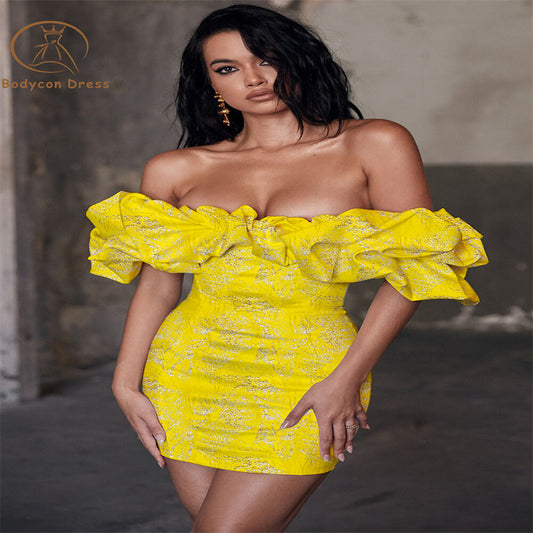 Bodycon Jacquard Party Dress New Women Yellow Dress Elegant Sexy Ruffle Mini Evening Club Dress High Quality Summer Outfit