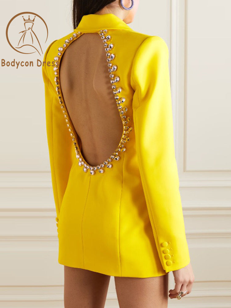 Bodycon Dress Fashion Yellow Sexy diamond Backless design Blazers For Women Slim Long Jackets Office Ladies Outerwear