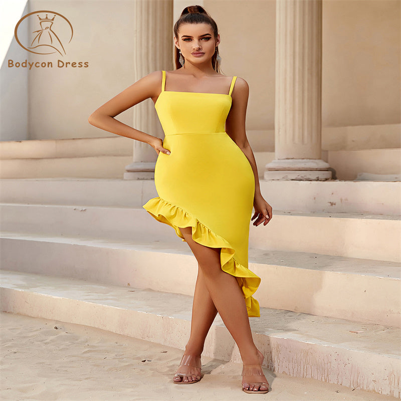 Bodycon Ruffle Spaghetti Strap Yellow Sleeveless Asymmetrical Hem Sexy Evening Club Party Midi Dresses for Women Summer