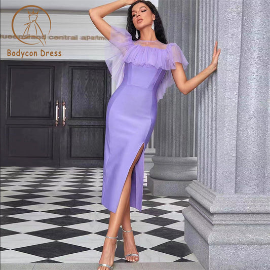 Bodycon Violet Elegant Lace Short Sleeve Dress Women Sexy Split See Though Back Evening Party Dresses Vestidos