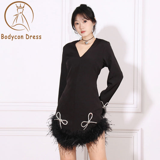 Bodycon  Patchwork Bowknot Slimming Mini Dresses For Women V Neck Long Sleeve High Waist Spliced Feathers Vintage Dress