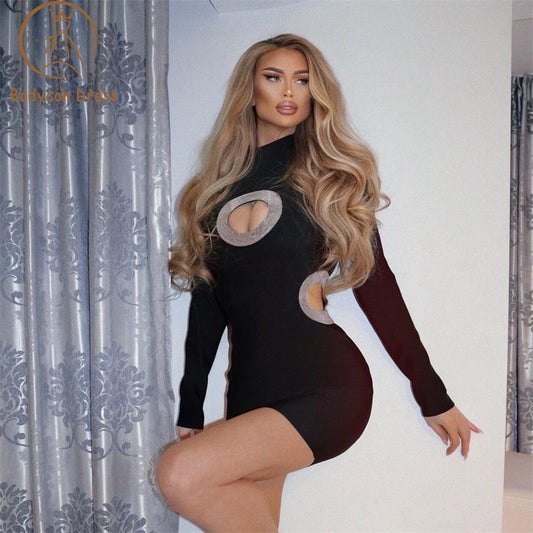 Bodycon Trendy Circle Hollow Out Design Bandage Mini Dress Long Sleeves Stand Collar Celebrity Party Club Vestido