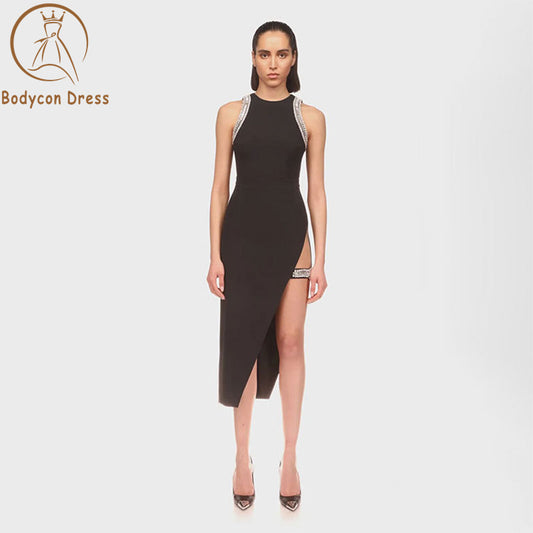 Bodycon Sexy Sleeveless Diamonds Midi Side Open Leg Bandage Dress Fashion Elegant Evening Party Dress Vestido