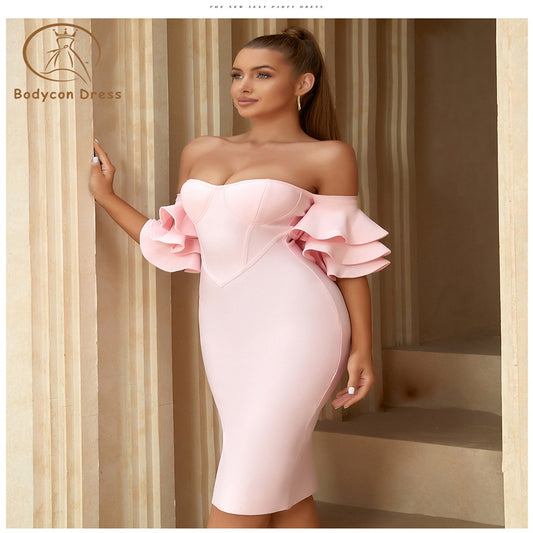 Bodycon Elegant Pink Slim Fit Short Sleeve Bandage Dress For Women Winter Sexy Evening Srapless Celebrity Evening Party Dress Vestidos