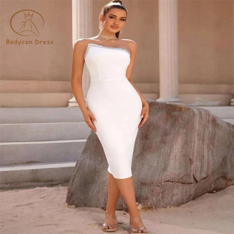 Bodycon Violet Strapless Diamonds Designed Bandage Prom Dress Women Elegant Sleeveless Celebrity Evening Party Dresses Vestidos